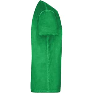 A green men's T-shirt displayed from the side, featuring a simple design and a logo on the chest.