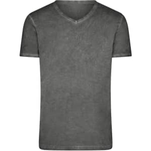 A grey v-neck t-shirt with a soft, textured finish, featuring a logo on the fabric.
