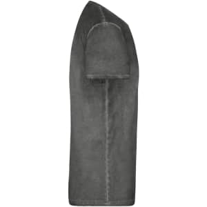 A grey men's T-shirt displayed from the side, featuring a simple design and a logo on the label.