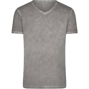 A grey v-neck men's t-shirt with a casual, slightly textured fabric. Features a logo on the label.
