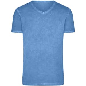 A blue v-neck men's t-shirt with a casual, textured finish and short sleeves. It features a logo on the side.
