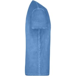 A blue men's T-shirt displayed from the side, featuring short sleeves and a simple design. It has a logo.