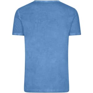 A blue men's T-shirt with a round neckline and short sleeves, featuring a plain back.