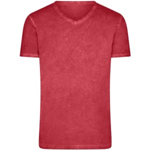 A red v-neck men's t-shirt with a subtle texture, featuring a logo on the front.