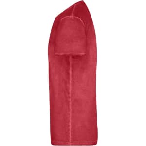 A red men's T-shirt featuring short sleeves and a casual style, displayed from a side view.