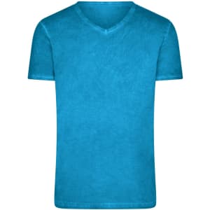 A turquoise men's T-shirt with a V-neck and short sleeves. It features a plain design and has a logo.