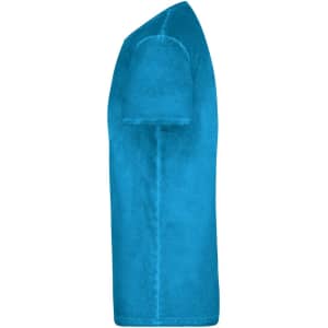 A bright blue men's t-shirt displayed from the side, featuring a rounded neckline and short sleeves.