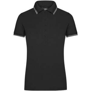 A black ladies' polo shirt featuring short sleeves and a classic collar with contrasting stripes. It has a logo.