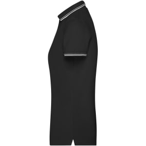A black ladies polo shirt with a collar and white striped detailing on the sleeves. Features a logo.