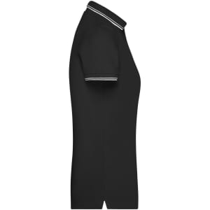 A black Ladies Polo shirt with a collar and contrasting white stripes. Features a logo on the side.