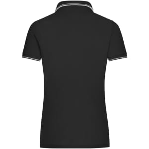 A black ladies' polo shirt featuring a contrasting collar and sleeve details. It has a logo on the back.