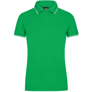 A vibrant green ladies' polo shirt with a classic collar and white striped detailing. It includes a logo on the chest.