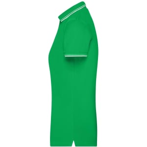A green ladies polo shirt featuring a collar and short sleeves, with white detailing along the collar and sleeves.