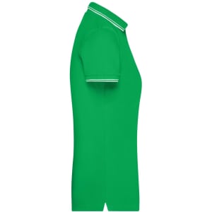 A green ladies polo shirt featuring a classic collar and contrasting trim on the sleeves. It has a logo.
