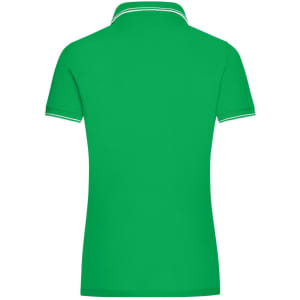 A green polo shirt featuring a collar and contrasting trim. The back view shows a smooth and simple design.