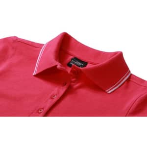 A pink ladies' polo shirt featuring a collar and buttoned placket, with a logo on the inside.