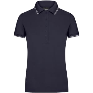 A navy ladies polo shirt with a collar and contrasting striped detailing. It features short sleeves and a button placket.