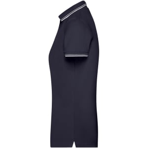 A navy ladies polo shirt with a collar and contrasting striped details on the sleeves. Features a logo on the chest.