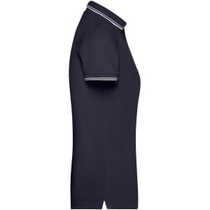 A navy ladies polo shirt featuring a classic design with a contrasting white collar and sleeve trim.