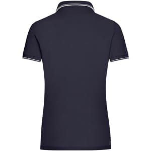A ladies navy polo shirt featuring a collar and contrasting trim, designed for a classic look.