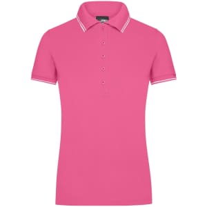 A pink ladies polo shirt featuring a collar and short sleeves with white trim. It has a subtle branding logo.