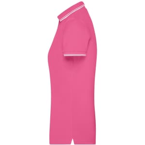 A pink ladies polo shirt with short sleeves and a collar, featuring contrasting white detailing.