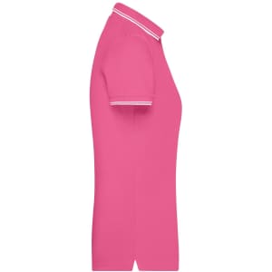 A pink ladies polo shirt with a collar and short sleeves, featuring contrasting trim. It has a logo on the chest.