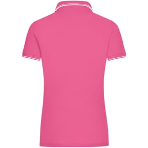 A pink polo shirt with a collar, featuring white detailing, and a logo on the side.