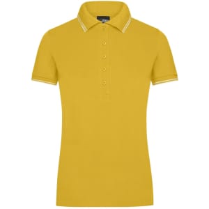 A yellow ladies' polo shirt with a collared neckline and contrasting trim. The shirt features buttons and short sleeves.