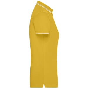 A yellow ladies polo shirt with short sleeves and a contrasting collar detail, featuring a logo.