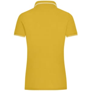 A yellow ladies polo shirt featuring a collar with contrasting trim and a logo.