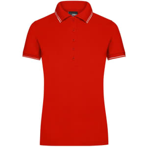 A red ladies polo shirt featuring a collar and contrasting stripes on the sleeves. The shirt has a logo on it.