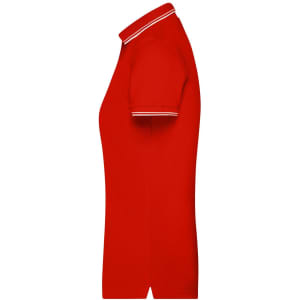 A red ladies polo shirt with short sleeves and white trim on the collar and sleeves. It features a logo.
