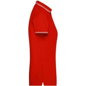 A red ladies polo shirt featuring a classic collar and white trim on the sleeves.