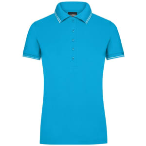 A turquoise ladies polo shirt featuring a collar and button details, with contrasting stripes on the collar.