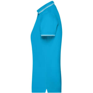 A side view of a turquoise ladies polo shirt with contrasting stripes on the collar and sleeves. It features a logo.