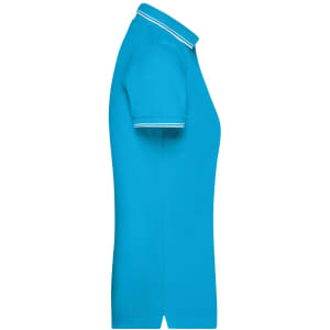 A turquoise ladies polo shirt with short sleeves and contrasting striped collar. Features a logo on the chest.