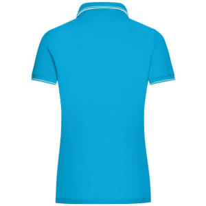A blue ladies polo shirt featuring a classic collar and short sleeves, with a logo on the back.