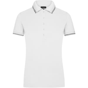 A white ladies polo shirt featuring a collar and contrasting stripes on the sleeves. It has a logo on the chest.