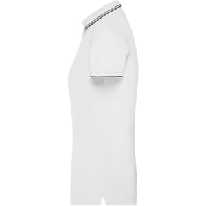A white ladies polo shirt with a black and white striped collar and short sleeves, featuring a logo.