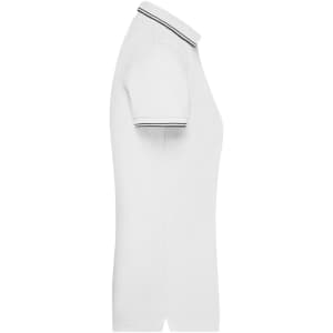 A white ladies' polo shirt with a contrasting collar and sleeves, featuring a logo.
