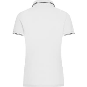 A white ladies' polo shirt featuring a classic collar and short sleeves, with contrasting trim and a logo.