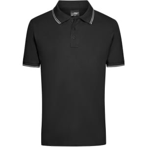 A black men's polo shirt with a collar and striped detailing on the sleeves. Features a logo on the chest.
