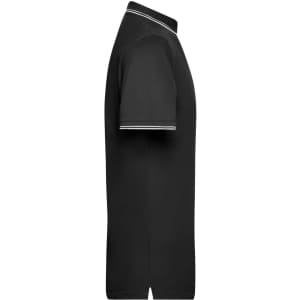 A black men's polo shirt with short sleeves and contrasting white trim on the collar and sleeves.