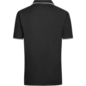 A men's black polo shirt featuring a collar and light trim. The shirt has a logo on the chest.