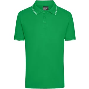 A green polo shirt featuring a classic collar and white trim. It includes a logo on the chest.