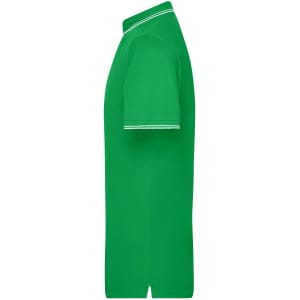A green men's polo shirt with a collared neckline and contrasting white trim. The shirt is displayed from the side.