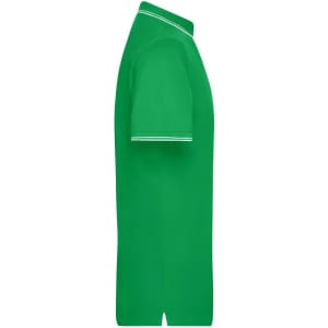 A green men's polo shirt with short sleeves and contrasting stripes on the collar. It features a logo on the chest.