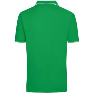 A green men's polo shirt featuring a plain design with contrasting collar trim and a logo.