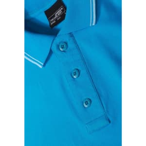 A blue men's polo shirt featuring a classic collar and three buttons, with contrasting white stripes.